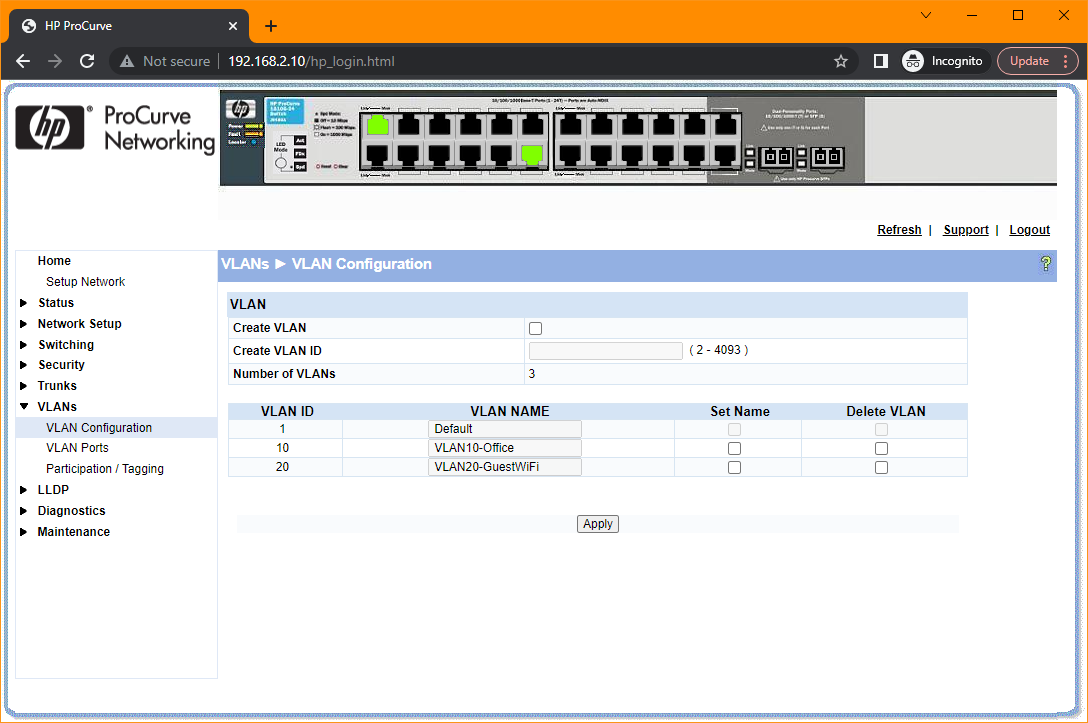 HP ProCurve 1810G24 VLAN with MikroTik 750G r3 Matrix 7